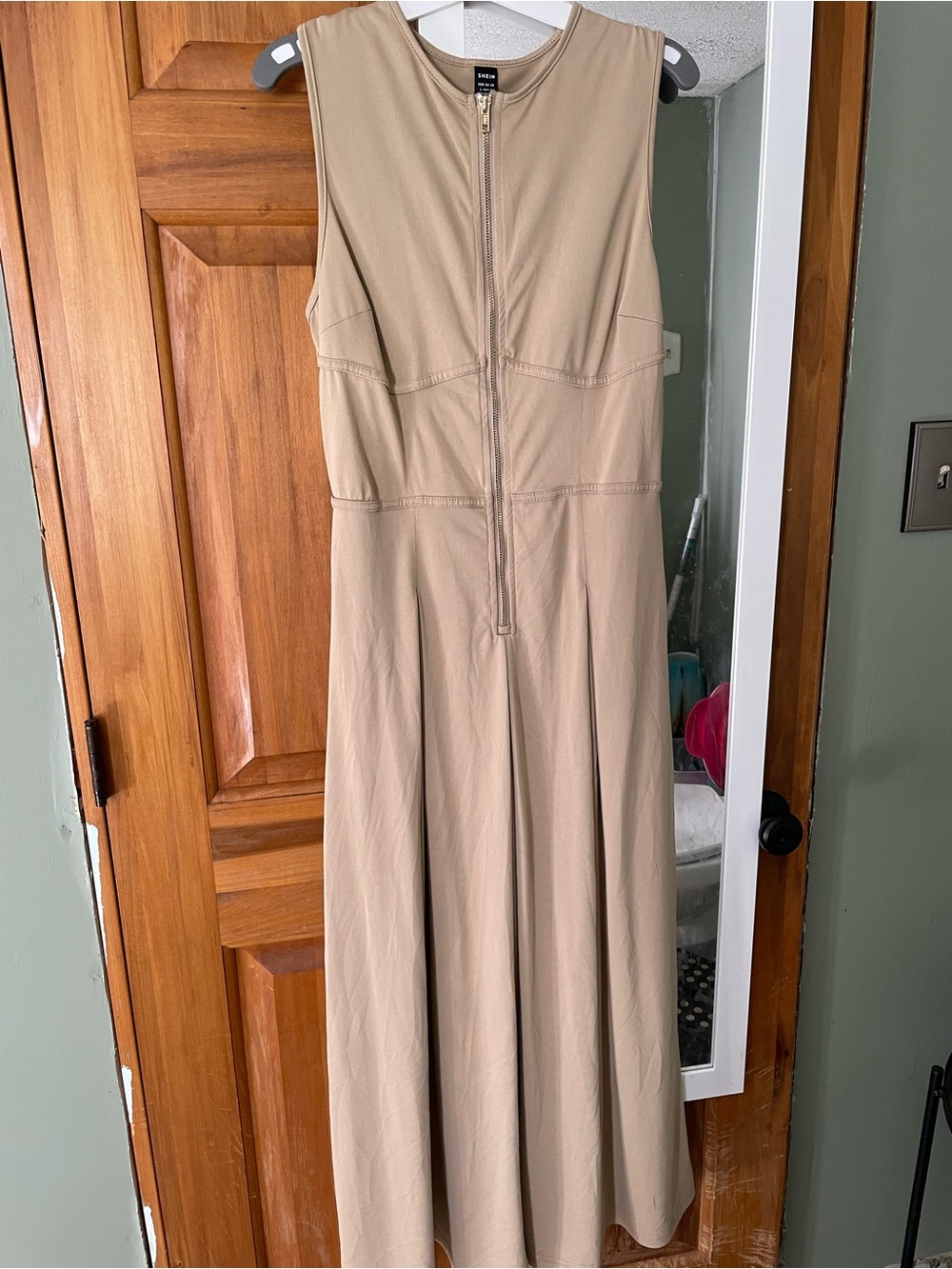 SHEIN Taupe Sleeveless Zip-Front Dress